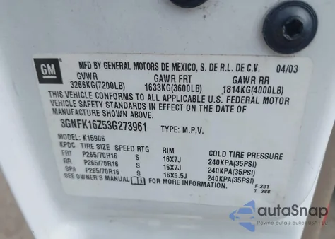 2003 Chevrolet Suburban 1500 Lt from USA, damaged, VIN 3GNFK16Z53G273961